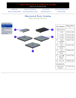 Page 132MAINTENANCE & SERVICE GUIDE
PROSIGNIA NOTEBOOK 190
INDEX PAGEPRODUCT DESCRIPTIONLEGAL NOTICEHOW TO USE THIS GUIDE
REMOVAL & REPLACEMENTILLUSTRATED PARTS CATALOGTROUBLESHOOTINGSPECIFICATIONS
Illustrated Parts Catalog
Mass Storage Devices
>System Unit
>Mass Storage 
Devices
>Miscellaneous
Parts
>Documentation
& Software
 
DescriptionSpare Part#
1Hard Drives
6 GB159526-001
12 GB167527-001
18 GB167528-001
224X
CD-ROM Drive169007-001
38X
DVD-ROM Drive187445-001
44X
DVD-ROM Drive169006-001
51.44 MBDiskette...