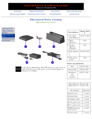 Page 133MAINTENANCE & SERVICE GUIDE
PROSIGNIA NOTEBOOK 190
INDEX PAGEPRODUCT DESCRIPTIONLEGAL NOTICEHOW TO USE THIS GUIDE
REMOVAL & REPLACEMENTILLUSTRATED PARTS CATALOGTROUBLESHOOTINGSPECIFICATIONS
Illustrated Parts Catalog
Miscellaneous Parts
>System Unit
>Mass Storage
Devices
>Miscellaneous 
Parts
>Documentation
& Software
NOTE:In the above illustration, The RTC batterys size is not in 
scale with the rest of the items. It was made larger to 
enhance its visibility.
 
DescriptionSpare Part
#
19-cell Li 
Ion...