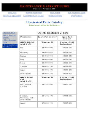 Page 135MAINTENANCE & SERVICE GUIDE
PROSIGNIA NOTEBOOK 190
INDEX PAGEPRODUCT DESCRIPTIONLEGAL NOTICEHOW TO USE THIS GUIDE
REMOVAL & REPLACEMENTILLUSTRATED PARTS CATALOGTROUBLESHOOTINGSPECIFICATIONS
Illustrated Parts Catalog
Documentation & Software
>System Unit
>Mass Storage
Devices
>Miscellaneous
Parts
>Documentation 
& Software
 
Quick Restore: 2 CDs
DescriptionSpare Part numberSpare Partnumber
QRCD, OS disk 
(disk 1 of 2)Windows 98Windows 2000Professional *
U.S.164003-001164006-001...