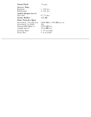 Page 18Track Pitch.74 µm
Access Time 
Random 
Full Stroke
< 150 ms 
< 225 ms
Audio Output Level 
Line Out
0.7 V rms
Cache Buffer128 KB
Data Transfer Rate
Sustained, 16x CD rate 
Sustained, 4x DVD 
Normal PIO Mode 4 
(single burst)2400 KB/s (150 KB/sec at 
1X) 
5520 KB/sec 
16.6 MB/sec
Startup Time 
Stop time< 15 seconds 
< 6 seconds
  