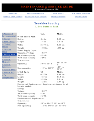 Page 19MAINTENANCE & SERVICE GUIDE
PROSIGNIA NOTEBOOK 190
INDEX PAGEPRODUCT DESCRIPTIONLEGAL NOTICEHOW TO USE THIS GUIDE
REMOVAL & REPLACEMENTILLUSTRATED PARTS CATALOGTROUBLESHOOTINGSPECIFICATIONS
Troubleshooting
Li Ion Battery Pack
>Physical &
Environmental
>Display
>Hard Drives
>CD/DVD
Drives
>Diskette
Drive
>Battery Pack
>Modem
>System
Memory
>System
Interrupts
>System DMA
>System I/O
>Pin
Assignments
 U.S.Metric
9-cell Li Ion Pack
Height.84 in.2.92 cm
Length1.4 in3.6 cm
Width2.375 in.6.03 cm
Weight1.00...