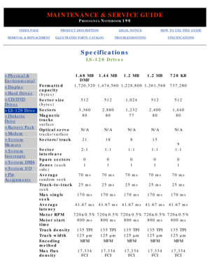 Page 22MAINTENANCE & SERVICE GUIDE
PROSIGNIA NOTEBOOK 190
INDEX PAGEPRODUCT DESCRIPTIONLEGAL NOTICEHOW TO USE THIS GUIDE
REMOVAL & REPLACEMENTILLUSTRATED PARTS CATALOGTROUBLESHOOTINGSPECIFICATIONS
Specifications
LS-120 Drives
>Physical &
Environmental
>Display
>Hard Drives
>CD/DVD
Drives
>LS-120 Drive
>Diskette
Drive
>Battery Pack
>Modem
>System
Memory
>System
Interrupts
>System DMA
>System I/O
>Pin
Assignments
 1.68 MBDMF1.44 MB1.2 MB1.2 MB720 KB
Formatted 
capacity...