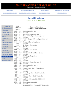 Page 29MAINTENANCE & SERVICE GUIDE
PROSIGNIA NOTEBOOK 190
INDEX PAGEPRODUCT DESCRIPTIONLEGAL NOTICEHOW TO USE THIS GUIDE
REMOVAL & REPLACEMENTILLUSTRATED PARTS CATALOGTROUBLESHOOTINGSPECIFICATIONS
Specifications
System I/O Address
>Physical &
Environmental
>Display
>Hard Drives
>CD/DVD
Drives
>Diskette
Drive
>Battery Pack
>Modem
>System
Memory
>System
Interrupts
>System DMA
>System I/O
>Pin
Assignments
I/O
Address (Hex)System Function
(Shipping Configuration)
000 - 00F 
010 - 01F
020 - 021 
022 - 024 025 -...