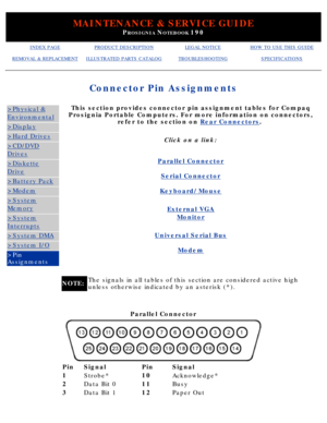 Page 31MAINTENANCE & SERVICE GUIDE
PROSIGNIA NOTEBOOK 190
INDEX PAGEPRODUCT DESCRIPTIONLEGAL NOTICEHOW TO USE THIS GUIDE
REMOVAL & REPLACEMENTILLUSTRATED PARTS CATALOGTROUBLESHOOTINGSPECIFICATIONS
Connector Pin Assignments
>Physical &
Environmental
>Display
>Hard Drives
>CD/DVD
Drives
>Diskette
Drive
>Battery Pack
>Modem
>System
Memory
>System
Interrupts
>System DMA
>System I/O
>Pin 
AssignmentsThis section provides connector pin assignment tables for Compaq
Prosignia Portable Computers. For more information on...