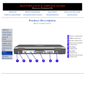 Page 35MAINTENANCE & SERVICE GUIDE
PROSIGNIA NOTEBOOK 190
INDEX PAGEPRODUCT DESCRIPTIONLEGAL NOTICEHOW TO USE THIS GUIDE
REMOVAL & REPLACEMENTILLUSTRATED PARTS CATALOGTROUBLESHOOTINGSPECIFICATIONS
Product Description
Rear Connectors
>Models
>Top Cover
>Top Lights
>Left &
Front
Components
>Right side
Components
>Bottom of
Unit
>Rear 
Connectors
>Power
Management
  
 
1Power connector
2USB connector
3Serial connector
4External monitor 
connector
5Docking 
connector
6Parallel 
connector
7Keyboard/mouse 
connector
  