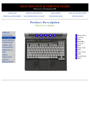 Page 39MAINTENANCE & SERVICE GUIDE
PROSIGNIA NOTEBOOK 190
INDEX PAGEPRODUCT DESCRIPTIONLEGAL NOTICEHOW TO USE THIS GUIDE
REMOVAL & REPLACEMENTILLUSTRATED PARTS CATALOGTROUBLESHOOTINGSPECIFICATIONS
Product Description
Top Cover Lights
>Models
>Top Cover
>Top Lights
>Left & Front
Components
>Right side
Components
>Bottom of
Unit
>Rear
Connectors
>Power
Management
 
1Hard drive 
activity 
light
2MultiBay 
activity 
light
3
Num lock 
light
4Caps lock 
light
5Scroll lock 
light
 
  