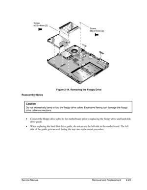 Page 57 
  
 
Screw, 
M2.5×4mm (2) 
Screw, 
M2.5×4mm (2) 
Figure 2-14. Removing the Floppy Drive 
Reassembly Notes 
 
Caution 
Do not excessively bend or fold the floppy drive cable. Excessive flexing can damage the floppy 
drive cable connections. 
 
• Connect the floppy drive cable to the motherboard prior to replacing the floppy drive and hard disk 
drive guide. 
• When replacing the hard disk drive guide, do not secure the left side to\
 the motherboard. The left 
side of the guide gets secured during the...