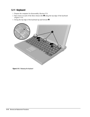 Page 165-16    Removal and Replacement Procedures
5.11  Keyboard
1.
 Prepare the computer for disassembly (Section 5.5).
2.
 Press down on each of the three release tabs 
 along the top edge of the keyboard
(Figure 5-14).
3.
 Swing the top edge of the keyboard up and forward 
.
Figure 5-14.
  Releasing the Keyboard 