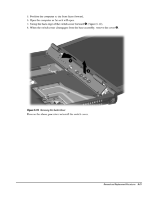 Page 21Removal and Replacement Procedures    5-21
5.
 Position the computer so the front faces forward.
6.
 Open the computer as far as it will open.
7.
 Swing the back edge of the switch cover forward 
 (Figure 5-19).
8.
 When the switch cover disengages from the base assembly, remove the cover 
.
Figure 5-19.
  Removing the Switch Cover
Reverse the above procedure to install the switch cover. 