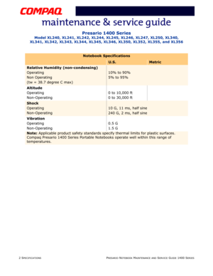 Page 182 SPECIFICATIONSPRESARIO NOTEBOOK MAINTENANCE AND SERVICE GUIDE 1400 SERIES
Presario 1400 Series
Model XL240, XL241, XL242, XL244, XL245, XL246, XL247, XL250, XL340, 
XL341, XL342, XL343, XL344, XL345, XL346, XL350, XL352, XL355, and XL356
Relative Humidity (non-condensing)
Operating 
Non Operating
(tw = 38.7 degree C max)
10% to 90%
5% to 95%
Altitude
Operating
Non-Operating0 to 10,000 ft
0 to 30,000 ft
Shock
Operating
Non-Operating
10 G, 11 ms, half sine
240 G, 2 ms, half sine
Vibration
Operating...