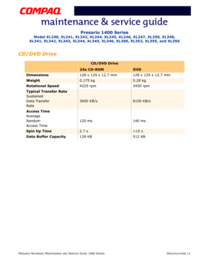 Page 27PRESARIO NOTEBOOK MAINTENANCE AND SERVICE GUIDE 1400 SERIESSPECIFICATIONS 11
Presario 1400 Series
Model XL240, XL241, XL242, XL244, XL245, XL246, XL247, XL250, XL340, 
XL341, XL342, XL343, XL344, XL345, XL346, XL350, XL352, XL355, and XL356
CD/DVD Drive
CD/DVD Drive
24x CD-ROMDVD
Dimensions128 x 129 x 12.7 mm 128 x 129 x 12.7 mm
Weight0.175 kg0.28 kg
Rotational Speed4225 rpm 3450 rpm
Typical Transfer Rate
Sustained
Data Transfer
Rate
3600 KB/s8100 KB/s
Access Time
Average
Random
Access Time120 ms 140 ms...