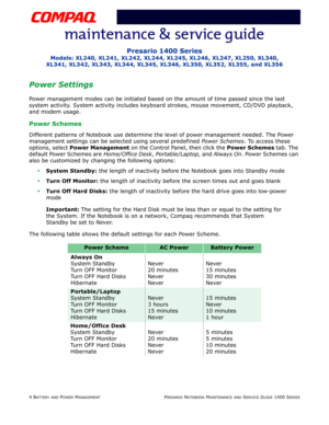 Page 364 BATTERY AND POWER MANAGEMENTPRESARIO NOTEBOOK MAINTENANCE AND SERVICE GUIDE 1400 SERIES
Presario 1400 Series
Models: XL240, XL241, XL242, XL244, XL245, XL246, XL247, XL250, XL340,
XL341, XL342, XL343, XL344, XL345, XL346, XL350, XL352, XL355, and XL356
Power Settings
Power management modes can be initiated based on the amount of time passed since the last 
system activity. System activity includes keyboard strokes, mouse movement, CD/DVD playback, 
and modem usage.
Power Schemes
Different patterns of...