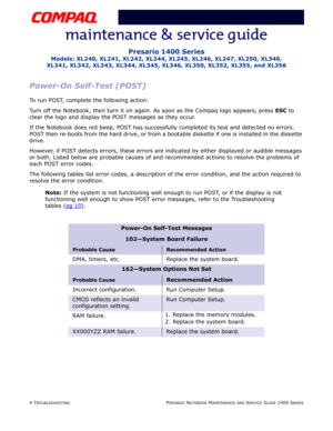 Page 444 TROUBLESHOOTINGPRESARIO NOTEBOOK MAINTENANCE AND SERVICE GUIDE 1400 SERIES
Presario 1400 Series
Models: XL240, XL241, XL242, XL244, XL245, XL246, XL247, XL250, XL340, 
XL341, XL342, XL343, XL344, XL345, XL346, XL350, XL352, XL355, and XL356
Power-On Self-Test (POST)
To run POST, complete the following action:
Turn off the Notebook, then turn it on again. As soon as the Compaq logo appears, press ESC to 
clear the logo and display the POST messages as they occur.
If the Notebook does not beep, POST has...