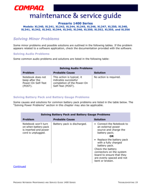 Page 59PRESARIO NOTEBOOK MAINTENANCE AND SERVICE GUIDE 1400 SERIESTROUBLESHOOTING 19
Presario 1400 Series
Models: XL240, XL241, XL242, XL244, XL245, XL246, XL247, XL250, XL340, 
XL341, XL342, XL343, XL344, XL345, XL346, XL350, XL352, XL355, and XL356
Solving Minor Problems
Some minor problems and possible solutions are outlined in the following tables. If the problem 
appears related to a software application, check the documentation provided with the software.
Solving Audio Problems
Some common audio problems...