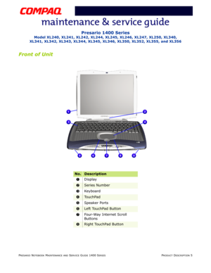 Page 10PRESARIO NOTEBOOK MAINTENANCE AND SERVICE GUIDE 1400 SERIESPRODUCT DESCRIPTION 5
Presario 1400 Series
Model XL240, XL241, XL242, XL244, XL245, XL246, XL247, XL250, XL340, 
XL341, XL342, XL343, XL344, XL345, XL346, XL350, XL352, XL355, and XL356
Front of Unit
No.Description
1Display
2Series Number
3Keyboard
4To u c h P a d
5Speaker Ports
6Left TouchPad Button
7Four-Way Internet Scroll 
Buttons
8Right TouchPad Button 