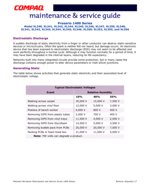 Page 91PRESARIO NOTEBOOK MAINTENANCE AND SERVICE GUIDE 1400 SERIESREMOVAL SEQUENCE 17
Presario 1400 Series
Model XL240, XL241, XL242, XL244, XL245, XL246, XL247, XL250, XL340, 
XL341, XL342, XL343, XL344, XL345, XL346, XL350, XL352, XL355, and XL356
Electrostatic Discharge
A sudden discharge of static electricity from a finger or other conductor can destroy static-sensitive 
devices or microcircuitry. Often the spark is neither felt nor heard, but damage occurs. An electronic 
device that has been exposed to...