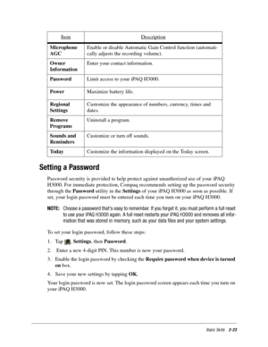 Page 33Basic Skills2-23
Setting a Password
Password security is provided to help protect against unauthorized use of your iPAQ 
H3000. For immediate protection, Compaq recommends setting up the password security 
through the Password utility in the Settings of your iPAQ H3000 as soon as possible. If 
set, your login password must be entered each time you turn on your iPAQ H3000. 
NOTE:Choose a password thats easy to remember. If you forget it, you must perform a full reset
to use your iPAQ H3000 again. A full...