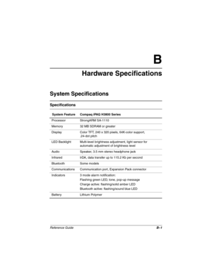 Page 187Reference GuideB–1
B
Hardware Specifications
System Specifications
Specifications
System Feature Compaq iPAQ H3800 Series
Processor StrongARM SA-1110
Memory 32 MB SDRAM or greater
Display Color TFT, 240 x 320 pixels, 64K-color support, 
.24-dot pitch
LED Backlight Multi-level brightness adjustment, light sensor for 
automatic adjustment of brightness level
Audio Speaker, 3.5 mm stereo headphone jack
Infrared IrDA, data transfer up to 115.2 Kb per second
Bluetooth Some models
Communications Communication...