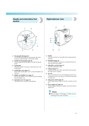 Page 1311
 — — — — — — — — — — — — — — — — — — — — — — — — — — — — — — — — — — — — — — — — — — — — — — — — — — — — 
Needle and embroidery foot 
section
aThread guide disk (page 40)
Pass the thread through the thread guide disk when 
using the needle threader to thread the needle.
bNeedle bar thread guide (page 40)
Pass the upper thread through the needle bar thread 
guide.
cNeedle plate 
When the needle is lowered, it enters the hole in the 
needle plate.
dNeedle plate cover (page 74)
Remove the needle plate...