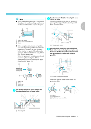 Page 33Winding/Installing the Bobbin31
1
 — — — — — — — — — — — — — — — — — — — — — — — — — — — — — — — — — — — — — — — — — — — — — — — — — — — — 
Note
zWhen embroidering with fine, cross-wound 
thread, use the small spool cap, and leave a 
small space between the cap and the spool.
aSpool cap (small)
bSpool (cross-wound thread)
cSpace
zWhen using thread that winds off quickly, 
such as transparent nylon thread or metallic 
thread, place the spool net over the spool 
before placing the spool of thread onto the...