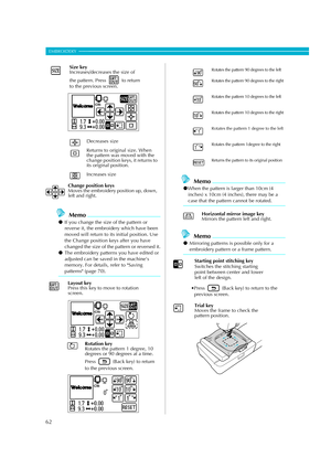 Page 64
62
EMBROIDERY — — — — — — — — — — — — — — — — — — — — — — — — — — — — — — — — — — — — — — — — — — — — — 
Memo
zIf you change the size of the pattern or 
reverse it, the embroide ry which have been 
moved will return to its  initial position. Use 
the Change position ke ys after you have 
changed the size of the pattern or reversed it.
z The embroidery patterns you have edited or 
adjusted can be saved  in the machine’s 
memory. For details, refer to Saving 
patterns (page 70).
Memo
z When the pattern is...