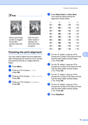 Page 41Routine maintenance 
31
A
Note
 
Checking the print alignmentA
You may need to adjust the print alignment 
after transporting the machine if your printed 
text becomes blurred or images become 
faded.
aPress Menu.
bPress a or b to choose 1.Ink.
Press OK.
cPress a or b to choose 1.Test Print.
Press OK.
dPress a or b to choose Alignment.
Press OK.
ePress Black Start or Color Start.
The machine starts printing the 
Alignment Check Sheet.
 
fFor the “A” pattern, press a or b to 
choose the number of the test...