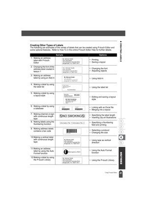 Page 4541
z CREATING LABELS
Using P-touch Editor
Creating Other Types of LabelsThe following are examples of the variety of labels that can be created using P-touch Editor and 
some optional features.  Refer to How To in the online P-touch Editor Help for further details.
SampleOptions
1: Making an address 
label with P-touch 
Editor•Printing
• Saving a layout
2: Changing the font of the 
address label created in 
lesson 1• Changing the font
• Adjusting objects
3: Making an address 
label by using an Add-In
•...