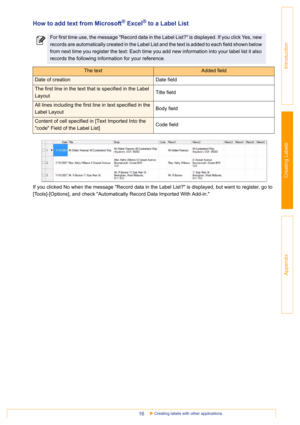 Page 16Creating labels with other applications16
Introduction
Creating Labels
Appendix
How to add text from Microsoft® Excel® to a Label List
If you clicked No when the message Record data in the Label List? is displayed, but want to register, go to 
[Tools]-[Options], and check Automatically Record Data Imported With Add-in.
For first time use, the message Record data in the Label List? is displayed. If you click Yes, new 
records are automatically created in the Label List and the text is added to each field...