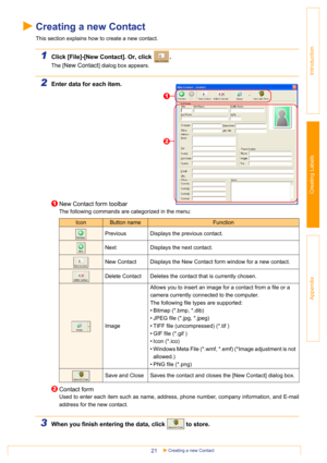 Page 21Creating a new Contact21
Introduction
Creating Labels
Appendix
Creating a new Contact
This section explains how to create a new contact.
1Click [File]-[New Contact]. Or, click  .
The [New Contact] dialog box appears.
2Enter data for each item.
New Contact form toolbar
The following commands are categorized in the menu:
Contact form
Used to enter each item such as name, address, phone number, company information, and E-mail
address for the new contact.
3When you finish entering the data, click   to...
