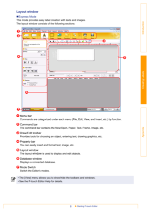 Page 8Starting P-touch Editor8
Introduction
Creating Labels
Appendix
Layout window 
„Express Mode
This mode provides easy label creation with texts and images.
The layout window consists of the following sections:
Menu bar
Commands are categorized under each menu (File, Edit, View, and Insert, etc.) by function.
Command bar
The command bar contains the New/Open, Paper, Text, Frame, Image, etc. 
Draw/Edit toolbar
Provides tools for choosing an object, entering text, drawing graphics, etc.
Property bar
You can...