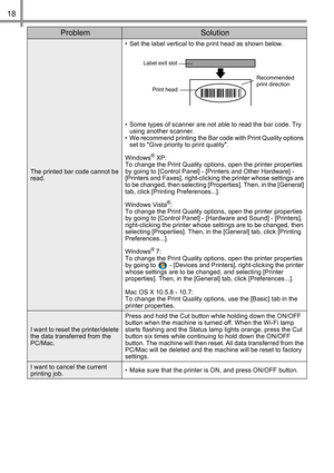 Page 1918
The printed bar code cannot be 
read.• Set the label vertical to the print head as shown below.
• Some types of scanner are not able to read the bar code. Try 
using another scanner.
• We recommend printing the Bar code with Print Quality options 
set to Give priority to print quality.
Windows
® XP:
To change the Print Quality options, open the printer properties 
by going to [Control Panel] - [Printers and Other Hardware] - 
[Printers and Faxes], right-clicking the printer whose settings are 
to be...