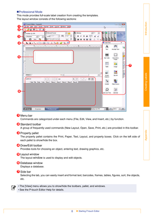 Page 8Starting P-touch Editor8
Introduction
Creating Labels
Appendix
„Professional Mode
This mode provides full-scale label creation from creating the templates.
The layout window consists of the following sections:
Menu bar
Commands are categorized under each menu (File, Edit, View, and Insert, etc.) by function.
Standard toolbar
A group of frequently used commands (New Layout, Open, Save, Print, etc.) are provided in this toolbar.
Property pallet
The property pallet contains the Print, Paper, Text, Layout,...