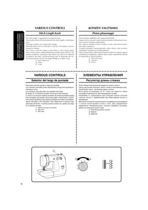 Page 20aaaaaaaaaaaaaaaaaaaaaaaaaaaaaaaaaaaaaaaaaaaaaaaaaaaaaaaaaaaaaaaaaaaaaaaaaaaaaaaaaaaaaaaaaaaaaaaa
9
KNOWING YOUR SEWING MACHINEOMPELUKONEESEEN TUTUSTUMINENCONOZCA SU M
ÁQUINA DE COSER
СВЕДЕНИЯ О ШВЕЙНОЙ МАШИНЕ
VARIOUS CONTROLS
Stitch Length Knob
The stitch length is regulated by turning this knob.
The numbers above the knob represent the stitch length in millimeters
(mm).
The larger numbers set a longer stitch length.
When the knob is set to 0, the fabric is not fed. This setting is used for
sewing on a...