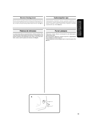 Page 21aaaaaaaaaaaaaaaaaaaaaaaaaaaaaaaaaaaaaaaaaaaaaaaaaaaaaaaaaaaaaaaaaaaaaaaaaaaaaaaaaaaaaaaaaaaaaaaa
10
KNOWING YOUR SEWING MACHINEOMPELUKONEESEEN TUTUSTUMINENCONOZCA SU MÁQ
UINA DE COSER
СВЕДЕНИЯ О ШВЕЙНОЙ МАШИНЕ
Reverse Sewing Lever
Reverse sewing is generally used for locking and reinforcing seams. To
sew in reverse, hold down the reverse sewing lever while slowly sew-
ing. To return to forward sewing simply release the lever. (See fig. A.)
aaaaaaaaaaaaaaaaaaaaaaaaaaaaaaaaaaaaaaaaaaaaaaaaaaaaaaaaaaaaaaa...