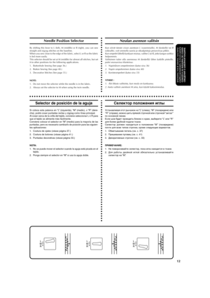 Page 23aaaaaaaaaaaaaaaaaaaaaaaaaaaaaaaaaaaaaaaaaaaaaaaaaaaaaaaaaaaaaaaaaaaaaaaaaaaaaaaaaaaaaaaaaaaaaaaa
12
KNOWING YOUR SEWING MACHINEOMPELUKONEESEEN TUTUSTUMINENCONOZCA SU MÁQ
UINA DE COSER
СВЕДЕНИЯ О ШВЕЙНОЙ МАШИНЕ
Needle Position Selector
By shifting this lever to L (left), M (middle) or R (right), you can sew
straight and zigzag stitches on the baseline.
When you sew close to the edge of the fabric, select L or R so the fabric
is fed more easily.
This selector should be set at M (middle) for almost all...