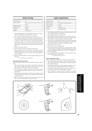 Page 51aaaaaaaaaaaaaaaaaaaaaaaaaaaaaaaaaaaaaaaaaaaaaaaaaaaaaaaaaaaaaaaaaaaaaaaaaaaaaaaaaaaaaaaaaaaaaaaa
40
BUTTONHOLE AND BUTTON SEWINGNAPINLÄPIEN JA NAPPIEN OMPELEMINENOJALES Y COSTURA DE BOTONESОБМЕТЫВАНИЕ ПЕТЕЛЬ И ПРИШИВАНИЕ ПУГОВИЦ
Button Sewing
STITCH LENGTH 0
STITCH WIDTH Set according to the distance between the
holes.
NEEDLE POSITION L or R
PRESSER FOOT Zigzag
NEEDLE Single
OTHER Darning Plate
1. Set the darning plate on the needle plate over the feed dogs as
shown in the illustration and press down...