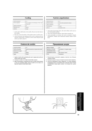 Page 61aaaaaaaaaaaaaaaaaaaaaaaaaaaaaaaaaaaaaaaaaaaaaaaaaaaaaaaaaaaaaaaaaaaaaaaaaaaaaaaaaaaaaaaaaaaaaaaa
50
USING ATTACHMENTS AND APPLICATIONS
LISÄVARUSTEET JA -TOIMINNOT
USO DE ACCESORIOS Y APLICACIONESДОПОЛНИТЕЛЬНЫЕ ШВЕЙНЫЕ ОПЕРАЦИИ
Пришивание шнура
ДЛИНА СТЕЖКА F-2
ШИРИНА СТРОЧКИ Настройка по толщине шнура.
ПОЛОЖЕНИЕ ИГЛЫ M
ПРИЖИМНАЯ ЛАПКА Для строчки “зигзаг”
ИГЛА Одинарная
1. Регулятором  установите  ширину  строчки  чуть  больше
толщины шнура.
2. Положите шнур на ткань в том месте, где его нужно пришить....