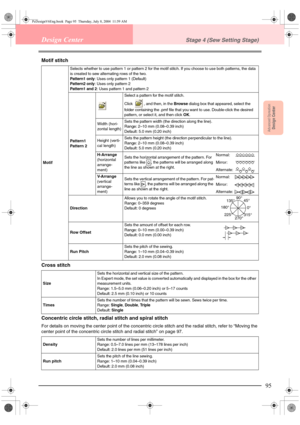 Page 103Advanced OpreationDesign Center
95
Design CenterStage 4 (Sew Setting Stage)
Motif stitch
Cross stitch
Concentric circle stitch, radial stitch and spiral stitch
For details on moving the center point of the concentric circle stitch and the radial stitch, refer to “Moving the 
center point of the concentric circle stitch and radial stitch” on page 97.
MotifSelects whether to use pattern 1 or pattern 2 for the motif stitch. If you choose to use both patterns, the data 
is created to sew alternating rows of...