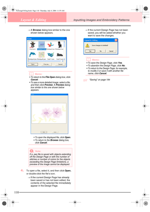 Page 118110
Layout & EditingInputting Images and Embroidery Patterns
→A Browse dialog box similar to the one 
shown below appears.
bMemo:
 To return to the File Open dialog box, click Cancel.
 To see a more detailed image, select a file, 
and then click 
Preview. A Preview dialog 
box similar to the one shown below 
appears.
 To open the displayed file, click 
Open.
 To return to the 
Browse dialog box, 
click 
Cancel.
4.To open a file, select it, and then click Open, 
or double-click the file’s icon.
→If...