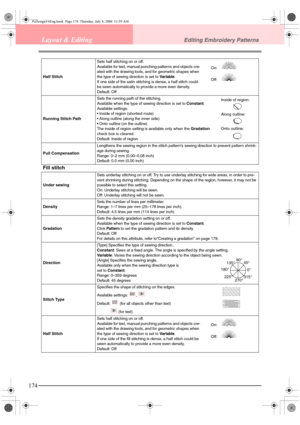 Page 182174
Layout & EditingEditing Embroidery Patterns
Half StitchSets half stitching on or off.
Available for text, manual punching patterns and objects cre-
ated with the drawing tools, and for geometric shapes when 
the type of sewing direction is set to Va r ia bl e.
If one side of the satin stitching is dense, a half stitch could 
be sewn automatically to provide a more even density.
Default: Off
Running Stitch PathSets the running path of the stitching.
Available when the type of sewing direction is set...