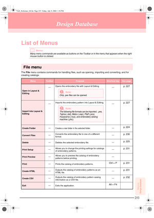 Page 261253
Reference
Design Database
Design Database
List of Menus
bMemo:
Many menu commands are available as buttons on the Toolbar or in the menu that appears when the right 
mouse button is clicked.
File menu
The  File menu contains commands for handling files, su ch as opening, importing and converting, and for 
creating catalogs.
MenuToolbarPurposeShortcut keySee page
Open in Layout & 
Editing Opens the embroidery file with Layout & Editing.
p. 227
Import into Layout & 
EditingImports the embroidery...