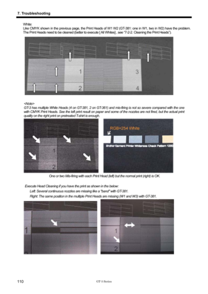 Page 120 
 
GT-3 Series 
7. Troubleshooting 
110 
White:  
Like CMYK shown in the previous page, the Print Heads of W1 W2 (GT-381: one in W1, two in W2) have the problem. 
The Print Heads need to be cleaned (better to execute [ All Whites] , see “7-2-2. Cleaning the Print Heads”). 
     
 
 
 
GT-3 has multiple White Heads (4 on GT-381, 2 on GT-361) and mis-firing is not so severe compared with the one 
with CMYK Print Heads. See the left print result on paper and  some of the nozzles are not fired, but the...