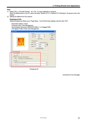 Page 49 
 
GT-3 Series 
4. Printing Directly from Applications
39
Print:  
(1)  Select [ File ] > [ Print with Preview    Alt + Ctrl + P ] menu (depends on versions). When the default printer of the PC used is set either Brother GT -3” or Brother GT-3 FileOutput, the layout is set in this 
window. 
(2)  Settings are different from the versions.   
Photoshop 6/7/CS:   Make print options as follows, go to  Page Setup... to do Printer Driver settings, and then click “Print”. 
Show More Options: Check  Pull-down...