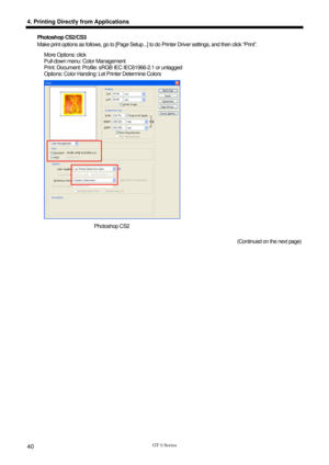 Page 50 
  
GT-3 Series 
4. Printing Directly from Applications 
40 
Photoshop CS2/CS3 
Make print options as follows, go to [Page Setup...] to do Printer Driver settings, and then click “Print”. 
More Options: click 
Pull-down menu: Color Management 
Print: Document: Profile: sRGB IEC IEC61966-2.1 or untagged 
Options: Color Handing: Let Printer Determine Colors 
   
Photoshop CS2 
  (Continued on the next page)  