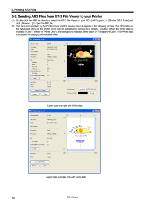 Page 90 
 
GT-3 Series 
5. Printing AR3 Files 
80 
5-3. Sending AR3 Files from GT-3 File Viewer to your Printer 
(1)  Double-click the AR3 file directly or se lect the GT-3 File Viewer in your PCs [ All Program ] > [ Brother GT-3 Tools] and 
click [ Browse… ] to open the AR3 file.   
(2)  The file’s print condition by the Printer Driver and the  preview (layout) appear in the following window. The information i n 
the Advanced Menu of the printer driver can be indicated by  clicking the [ Details... ] button....