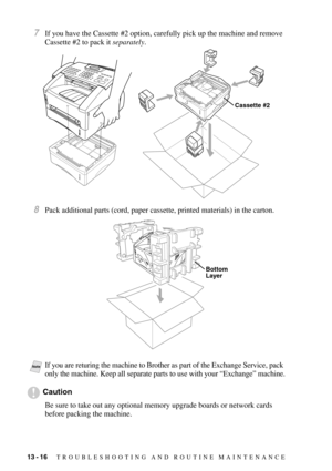 Page 12113 - 16   TROUBLESHOOTING AND ROUTINE MAINTENANCE
7If you have the Cassette #2 option, carefully pick up the machine and remove 
Cassette #2 to pack it separately.
8Pack additional parts (cord, paper cassette, printed materials) in the carton.
Caution
Be sure to take out any optional memory upgrade boards or network cards 
before packing the machine.
NoteIf you are returing the machine to Brother as part of the Exchange Service, pack 
only the machine. Keep all separate parts to use with your “Exchange”...