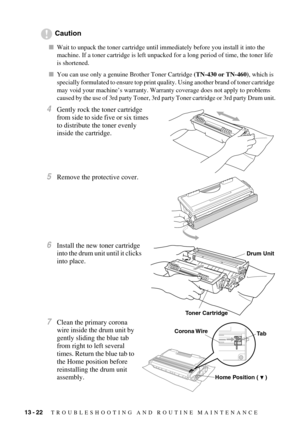 Page 12713 - 22   TROUBLESHOOTING AND ROUTINE MAINTENANCE
Caution
Wait to unpack the toner cartridge until immediately before you install it into the 
machine. If a toner cartridge is left unpacked for a long period of time, the toner life 
is shortened.
You can use only a genuine Brother Toner Cartridge (TN-430 or TN-460), which is 
specially formulated to ensure top print quality. Using another brand of toner cartridge 
may void your machine’s warranty. Warranty coverage does not apply to problems 
caused by...