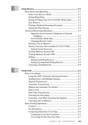 Page 15TABLE OF CONTENTS   xiii
5Setup Receive ................................................................................... 5-1
Basic Receiving Operations ....................................................... 5-1
Select Your Receive Mode .................................................. 5-1
Setting Ring Delay .............................................................. 5-2
Setting F/T Ring Time (For FAX/TEL Mode Only) ........... 5-2
Easy Receive...