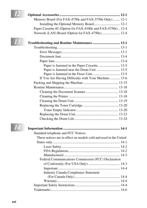 Page 18xvi   
12Optional Accessories ..................................................................... 12-1
Memory Board (For FAX-4750e and FAX-5750e Only) ........ 12-1
Installing the Optional Memory Board.............................. 12-1
Paper Cassette #2 (Option for FAX-4100e and FAX-4750e) .. 12-4
Network (LAN) Board (Option for FAX-4750e) ..................... 12-4
13Troubleshooting and Routine Maintenance ............................... 13-1...