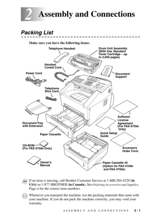 Page 26ASSEMBLY AND CONNECTIONS   2 - 1
22Assembly and Connections
Packing List
Make sure you have the following items:
NoteIf an item is missing, call Brother Customer Service at 1-800-284-4329 (in 
USA) or 1-877-BROTHER (in Canada). See 
Ordering Accessories and Supplies, 
Page ii for the correct item numbers.
Whenever you transport the machine, use the packing materials that came with 
your machine. If you do not pack the machine correctly, you may void your 
warranty.
Document Tray
with Extension
Telephone...